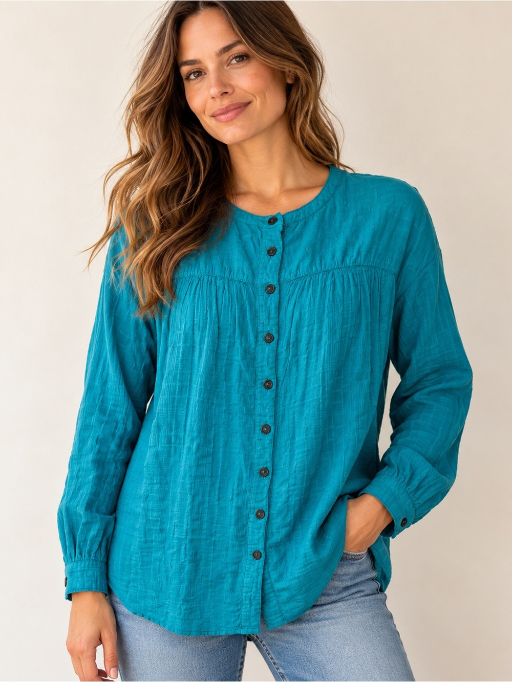 Anthropologie Teal Button-Front Long Sleeve Women's Top